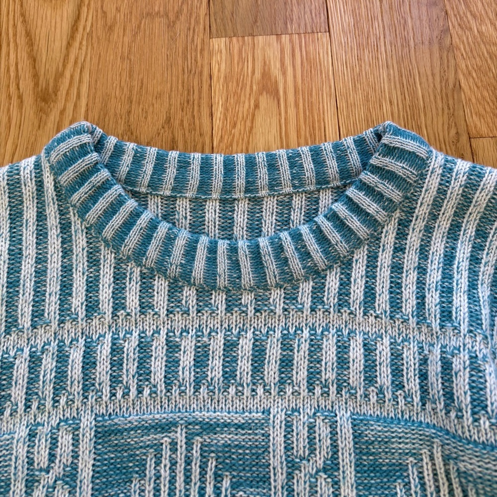 Made in USA Vintage 60s Acrylic Knit Ribbed Textured Sweater Teal White Medium - Picture 7 of 9
